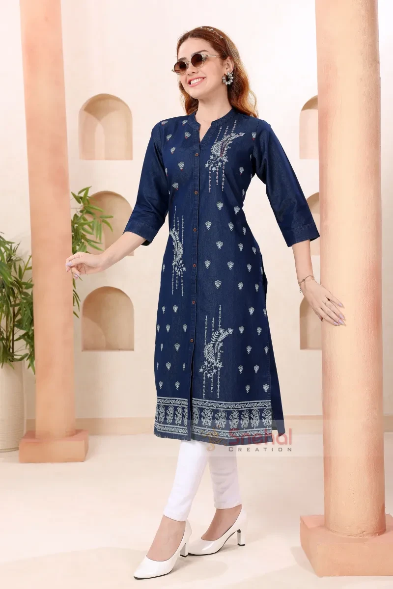 Designer Denim Long Kurti Swanky Ban Collar Denim Kurti With Hand Embroidery